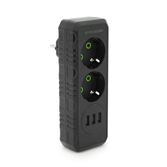 Розетка трійник із заземленням F102-Black, 2 розетки+3USB(1А), 2500W, 10A