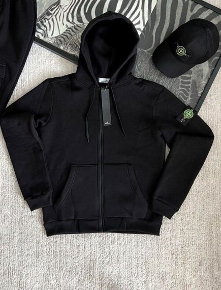 Теплий спортивний костюм худі + штани + кепка  Stone Island  чорний | Зображення 1