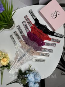 Подарочный Набор женских кружевных стрингов Victoria`s Secret (3 шт) стринги со стразами в брендовой коробке