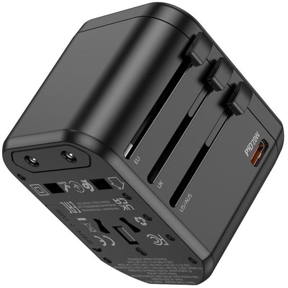 Мережевий універсальний перехідник Hoco AC15 Walker PD20W+QC3.0 (2USB-A/1C) (EU) Black | Зображення 2