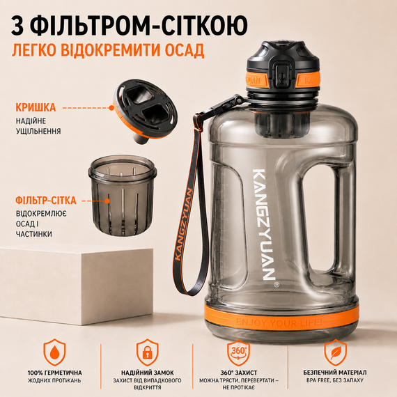Бутылка для воды KANGZYUAN 2200 мл Tritan BPA Free Черная (с ручкой и ремешком) | Зображення 2