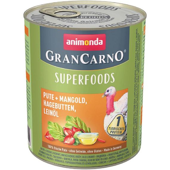 Вологий корм для дорослих собак Animonda GranCarno Superfoods індичка та мангольд шипшина лляна олія 800 г (4017721824422)