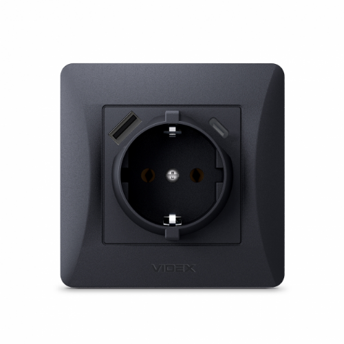 BINERA чорний графіт Розетка внутрішня +USB+Type-C із заземленням Videx | Зображення 2