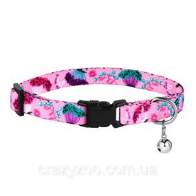 Ошейник для котов и собак Bronzedog Urban с пластиковой пряжкой и колокольчиком розовые цветы 18-28 см 10 мм