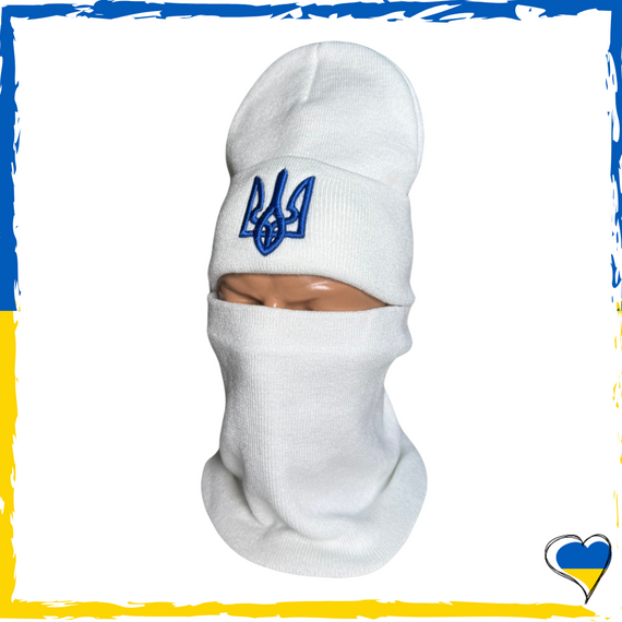 Комплект белый  с гербом шапка и бафф на флисе унисекс. Набор теплый. Мужской, женский подростковый, детский