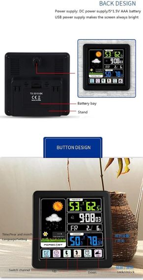 Бездротова метеостанція з кольоровим екраном TS-3310-BK, внутрішня та зовнішня температура, вологість, годинник | Зображення 8