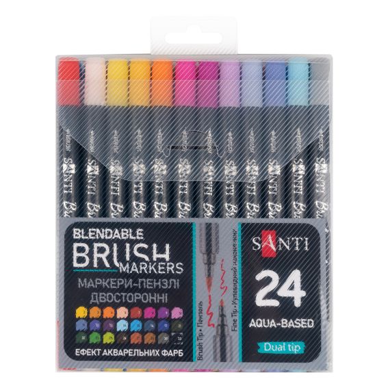 Набір маркерів двосторонніх акварельних Santi Brush Marker 391056 24 шт