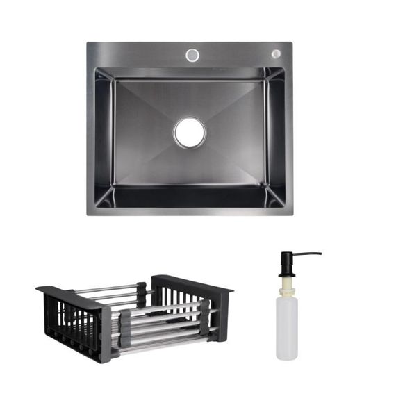 Комплект Lidz Handmade H6050B Мойка для кухни интегрированная BlackPVD в комплекте с дозатором + Lidz K01B Корзина для кухонной