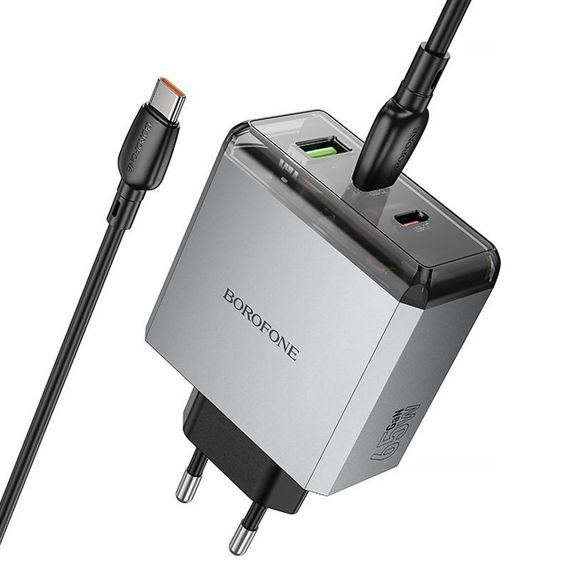 МЗП Borofone BN22 Lena PD65W (1USB-A/2C) + кабель Type-C to Type-C Metal gray | Зображення 2