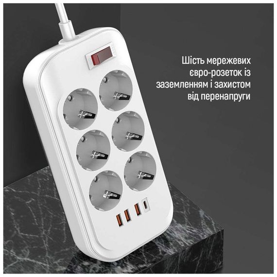 Мережевий фільтр живлення ColorWay CW-CHE64PDW, 6 розеток/4USB 2M (CW-CHE64PDW) | Зображення 5