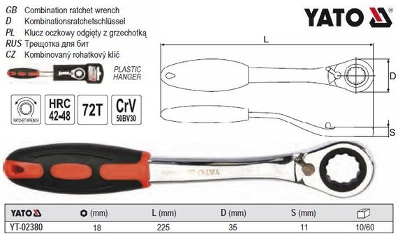 Ключ накидной выгнутый трещотка М18 Cr-V YATO Польща YT-02380
