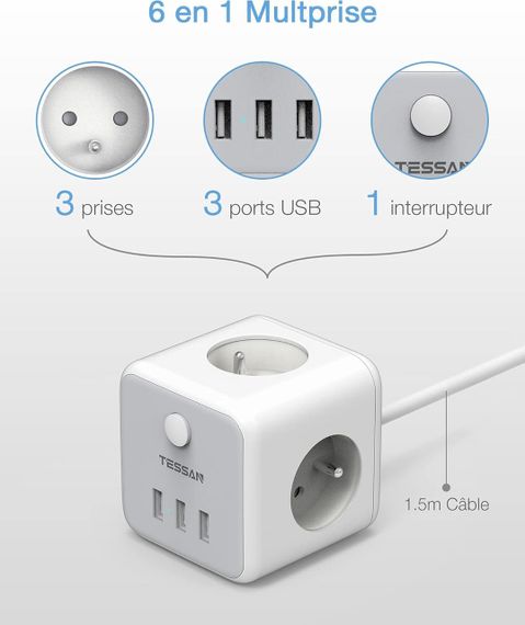 Сетевой удлинитель TESSAN USB Power Strip Cube, 3 розетки, 3 USB-порта, выключатель, 1.5 м, серый | Зображення 5