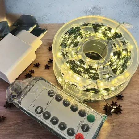 Гирлянда Роса 100 м с теплым белым светом – зеленая нить, пульт, 8 режимов