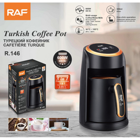 Електротурка RAF R.146 Black/Gold — Кавоварка для кави по-турецьки 0.3л, 600W, зі складною ручкою для дому та подорожей