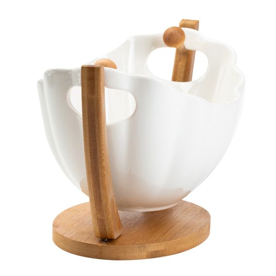 Фруктівниця порцелянова 33*14*16 см на бамбуковій підставці, білий HP1238 | Зображення 2