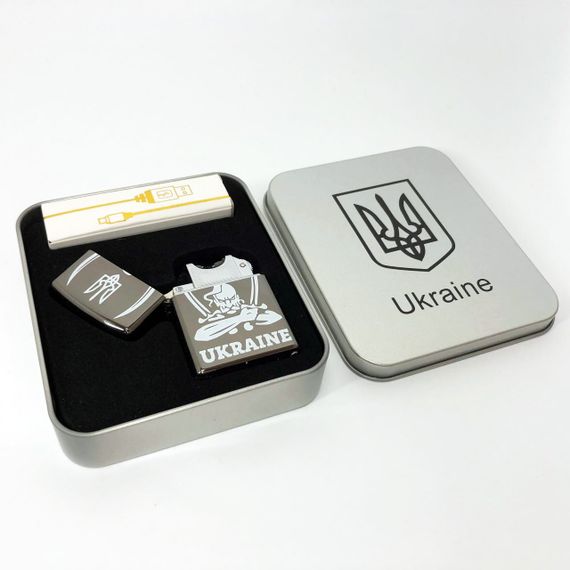 Дугова електроімпульсна запальничка USB Україна (металева коробка) HL-449, чорний | Зображення 2