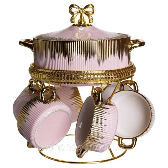 Суповий сервіз на 6 персон супниця 2 (л) на підставці з бульйонницями 400 (мл) тарілки для супу Рожевий з золотом FM-A23-5 | Зображення 2