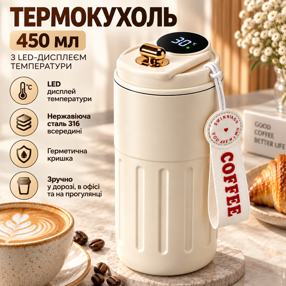 Термокухоль 450 мл кремовий з LED-дисплеєм температури, внутрішня колба з нержавіючої сталі 316