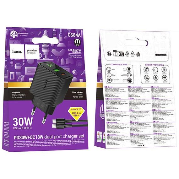 СЗУ Hoco CS84A Excellent with digital display PD30W+QC3.0 (1USB-A/1C) + кабель Type-C to Type-C Black | Зображення 1