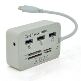 Хаб Type-C алюминиевый,3 порта USB 3.0 + Card Reader,20см,White,Пакет