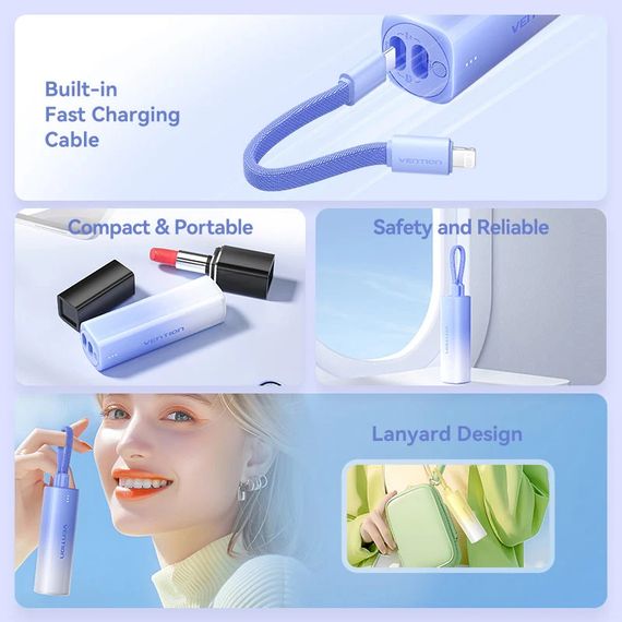 УМБ Vention 5000mAh 20W PD, USB-C In/Out, Lightning In/Out, with cable, Gradient Blue | Зображення 5