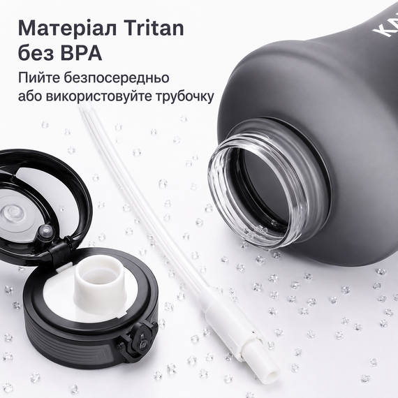 Эко-бутылка KANGZYUAN 2500 мл (2.5 л) - Черная Tritan BPA-free, ударопрочная, спортивная с ручкой и ремешком | Зображення 5