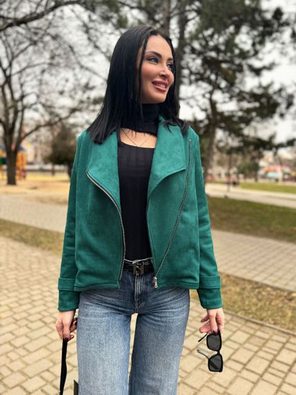 Женская замшевая куртка-косуха весенняя GF01221 цвет зеленый, размер 50/52 | Зображення 5