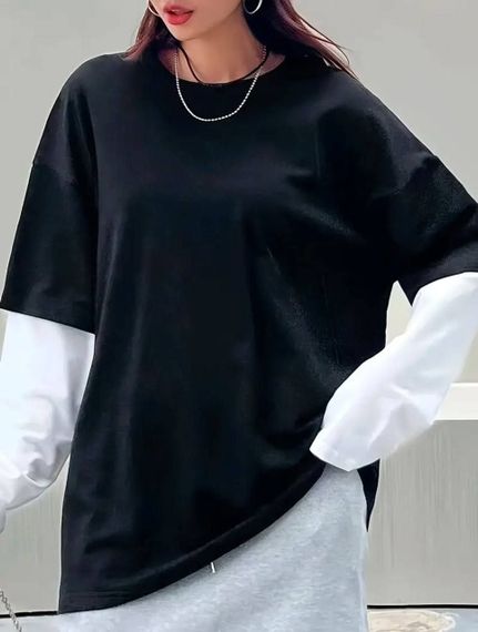 Женский свободный лонгслив оверсайз с эффектом футболки HI2729 цвет черный с белым, размер onesize 42/48 | Зображення 4