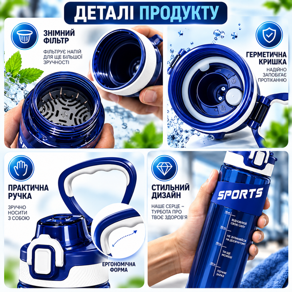 Бутылка для воды KANGZYUAN 500 мл синяя спортивная с Tritan без BPA, ударопрочная, с эргономичной крышкой | Зображення 6