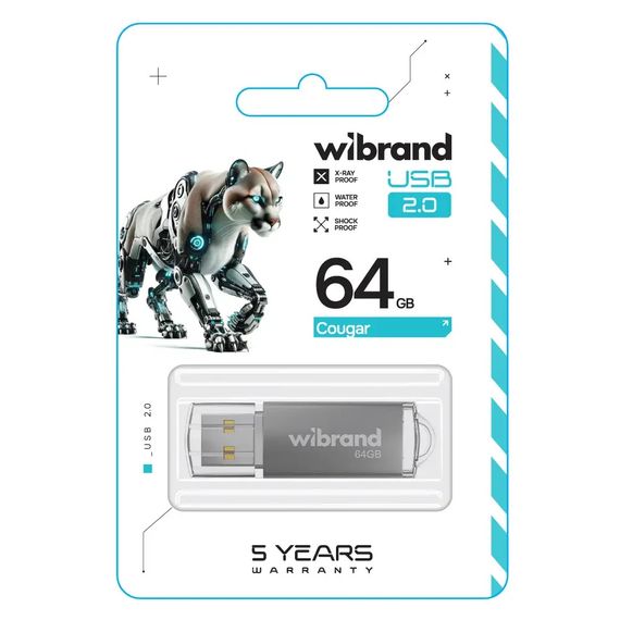 USB флеш накопичувач Wibrand 64GB Cougar Silver USB 2.0 (WI2.0/CU64P1S) | Зображення 1