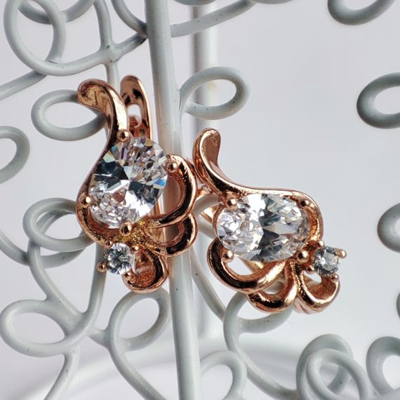 Сережки медицинское золото, розмір 17/10 мм, вага 3.1гр, цирконій | Зображення 1