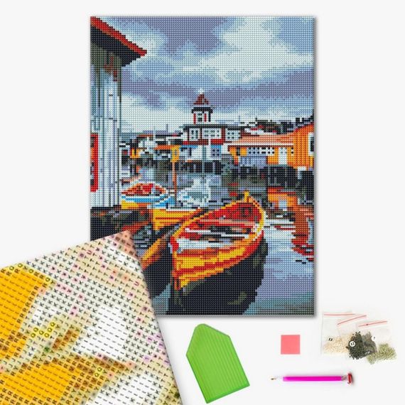 Алмазная мозаика "Лодка у городка" RDBS7014, 30х40 см | Зображення 1