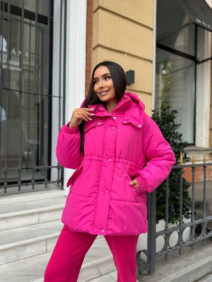 Женская теплая зимняя куртка на кулиске с капюшоном NB24035 цвет розовый, размер 54/56 | Зображення 2