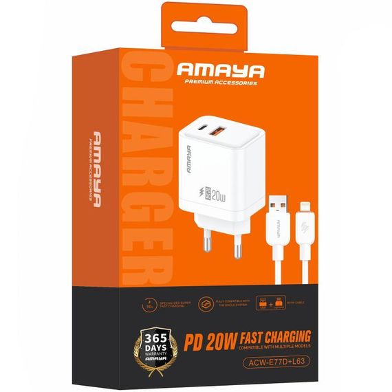СЗУ Amaya E77D PD20W+QC3.0 (1USB-A/1C) + кабель USB to Lightning White | Зображення 1