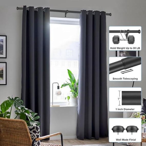 Матовий чорний карниз для вікон, одинарний телескопічний карниз, міцний карниз | Зображення 2