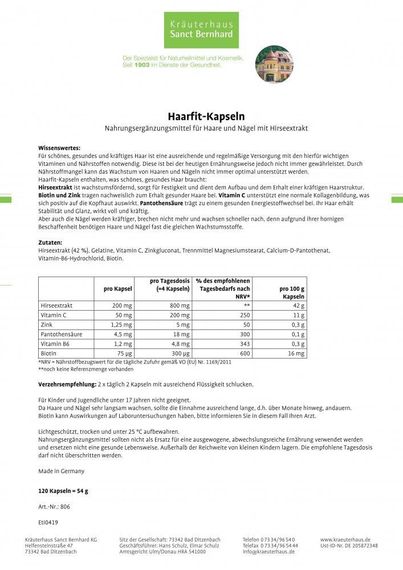 Комплекс вітамінів з екстрактом пшона для росту та зміцнення волосся "Haarfit", Sanct Bernhard, Німеччина, 120 шт. | Зображення 2