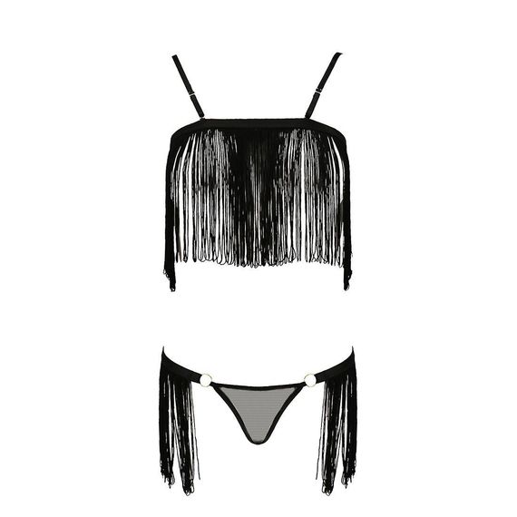 Комплект білизни KASSANDRA SET OpenBra black L/XL - Passion Exclusive: ліф з бахромою, трусики-спідн | Зображення 4