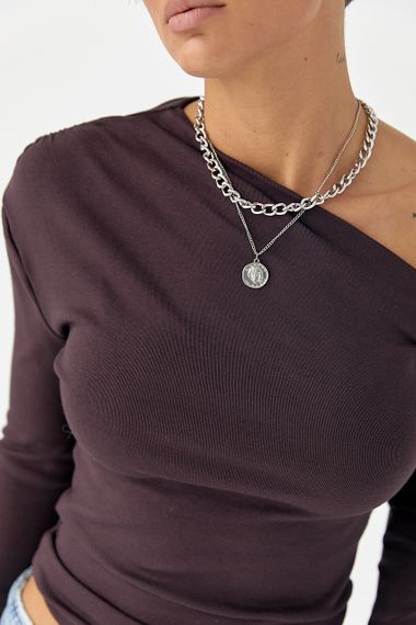 Обтягуючий лонгслів з відкритим плечем - баклажан цвет, XL (є розміри) | Зображення 3