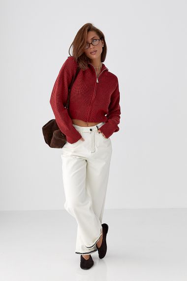 Короткий в'язаний кардиган на блискавці - темно-червоний цвет, ONE SIZE (є розміри) | Зображення 2