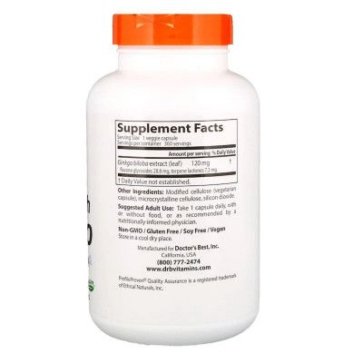 Травы Doctor's Best Супер Сильный Экстракт Гинкго 120мг, Profile Proven, 360 ге (DRB-00273) - Топ Продаж! | Зображення 1