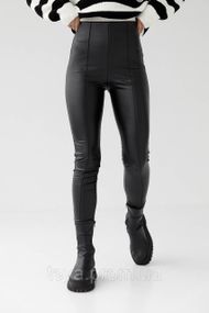 Утеплені лосини зі шкірозамінника зі швами спереду колір чорний FL_000231