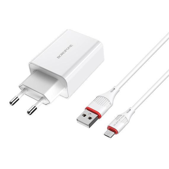 МЗП Borofone BA21A Long journey QC3.0 3A (1USB-A) + кабель USB to MicroUSB Білий | Зображення 1