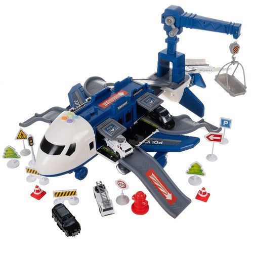 Складаний іграшковий поліцейський літак з паркуванням, краном та металевими машинками | Зображення 3