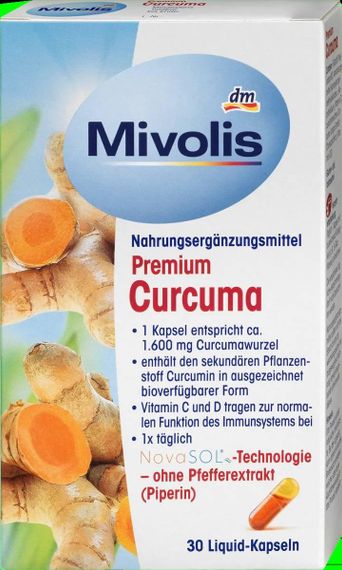 Капсули "Mivolis рідкий концентрат екстракт кореня Куркуми Преміум + С + D3", 30 шт., Німеччина