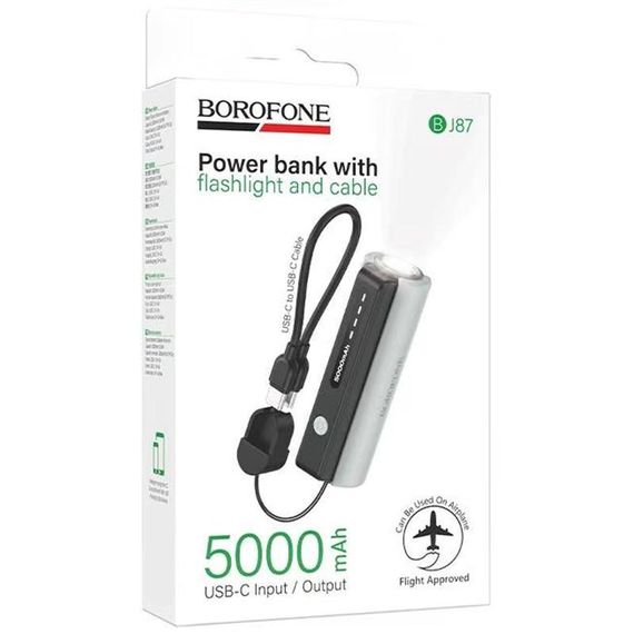 Портативний ЗП Power Bank Borofone BJ87 Star flashlight with cable 5000 mAh Black / Gray | Зображення 1