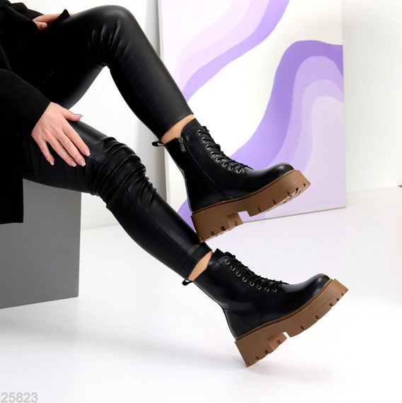 Молодіжні чорні шкіряні зимові черевики берці на масивній підошві карамель | Зображення 8