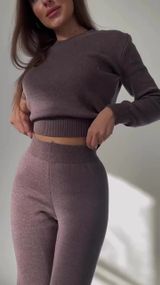Вязаный женский костюм двойка кофта + штаны цвет какао в размере XS-XL M-L