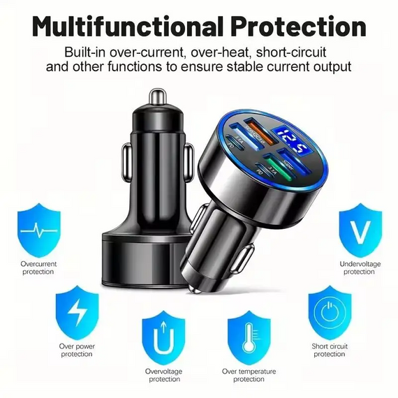 Автомобільний зарядний пристрій із 6 портами (4 USB + 2 PD) і цифровим дисплеєм | Зображення 1