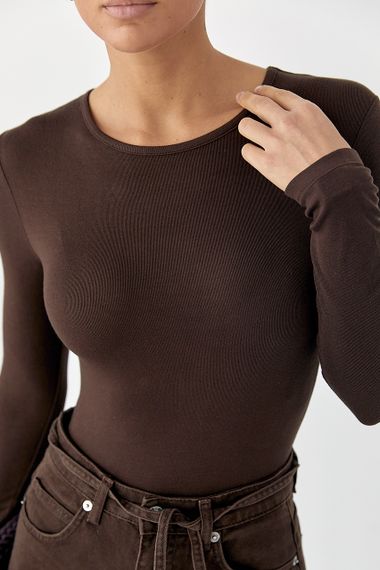 Трикотажне боді з довгими рукавами - коричневий цвет, L (є розміри) | Зображення 3