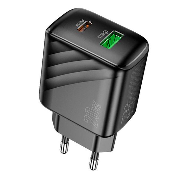 СЗУ 110-240V HOCO CS25A USB-C+USB, 20W, Black, Blister | Зображення 1